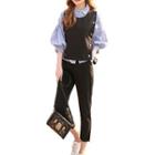 Set: Striped Lantern-sleeve Shirt + Buttoned Vest + Cropped Pants