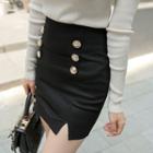 Metal-button Slit-front Mini Skirt