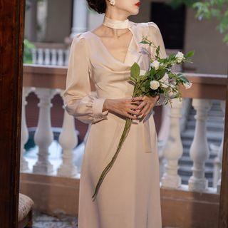 Long-sleeve Cowl Neck Maxi Sheath Dress