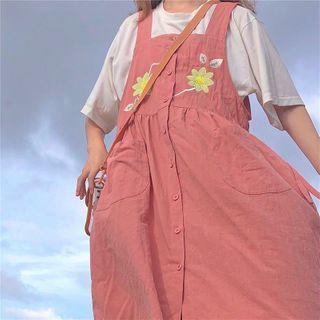 Elbow-sleeve T-shirt / Flower Embroidered Midi A-line Pinafore Dress
