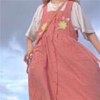 Elbow-sleeve T-shirt / Flower Embroidered Midi A-line Pinafore Dress