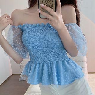 Puff-sleeve Mesh Panel Peplum Blouse