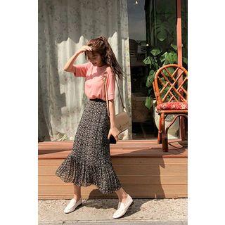 Band-waist Shirred Floral Long Skirt