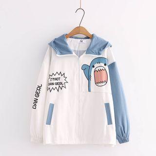Shark Print Zip-up Hooded Jacket
