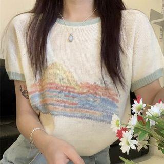 Short-sleeve Printed Knit Top Almond - One Size