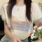 Short-sleeve Printed Knit Top Almond - One Size