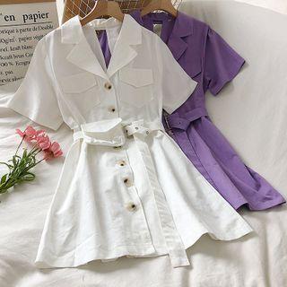 Plain Short-sleeve Single-breasted A-line Dress