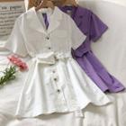 Plain Short-sleeve Single-breasted A-line Dress