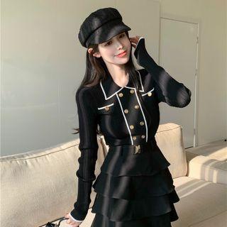 Two Tone Button-up Knit Top / High-waist Plain Ruffle A-line Mini Skirt