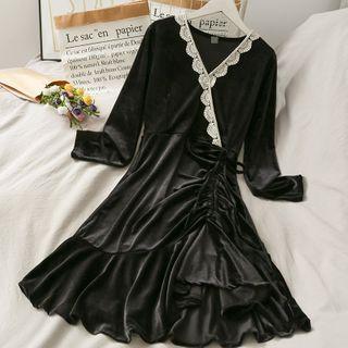 Lace-trim Drawstring Velvet Midi Dress Black - One Size