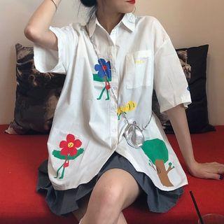 Elbow-sleeve Oversized Printed Shirt White - One Size