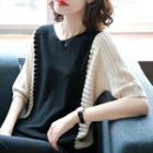 Two-tone Pointelle Elbow-sleeve Knit Top