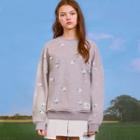 Daisy-pattern Letter-patched Sweatshirt Melange Gray - One Size