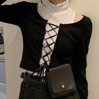 Set: Long-sleeve Lace Up T-shirt + Tank Top T-shirt - Black - One Size / Tank Top - White - One Size