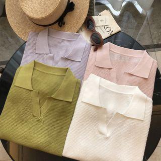 Short-sleeve V-neck Plain Knit Polo-shirt