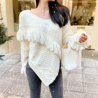Irregular Fringed Cable Knit Sweater White - One Size