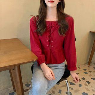Long-sleeve Square-neck Lace-up Top