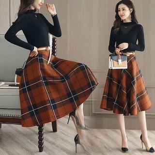 Set: Mock Neck Knit Top + Midi A-line Plaid Skirt