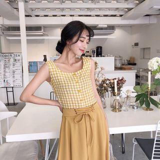 Set : Gingham Spaghetti Strap Top + Plain Midi Skirt