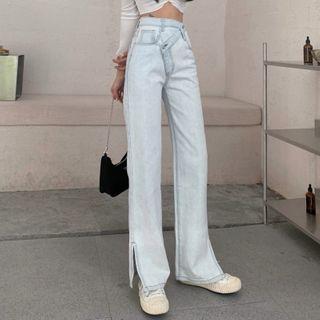 High-waist Washed Asymmetrical Straight Leg Jeans