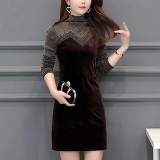 Cowl Neck Mesh Panel Rhinestone Velvet Sheath Dress