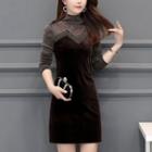 Cowl Neck Mesh Panel Rhinestone Velvet Sheath Dress