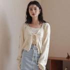Set: Cropped Knit Camisole Top + Flower Embroidered Cardigan