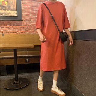 3/4-sleeve Letter Midi T-shirt Dress Red - One Size