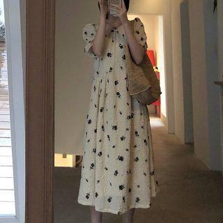 Short-sleeve Shirred Floral Print Midi A-line Dress As Shown In Figure - One Size