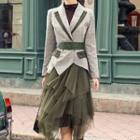 Belted Plaid Blazer / Midi A-line Mesh Skirt