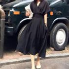 Short-sleeve Plain Midi Dress Black - One Size