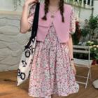 Set: Short-sleeve Floral Print Midi Dress + Button-up Vest