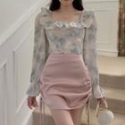 Long-sleeve Floral Print Ruffled Crop Top / Drawstring Mini Fitted Skirt