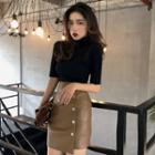 Elbow-sleeve Mock-neck T-shirt / Faux Leather Mini Pencil Skirt