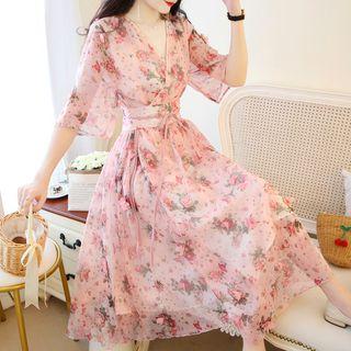 Elbow-sleeve Maxi Floral Wrap Dress