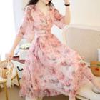 Elbow-sleeve Maxi Floral Wrap Dress