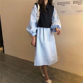 Plain Sleeveless Polo-shirt / Puff-sleeve Loose-fit Dress