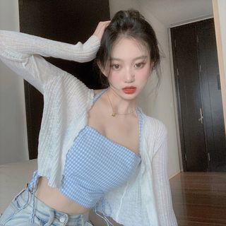 Halter Plaid Cropped Camisole Top / Cardigan