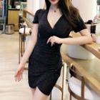 V-neck Short-sleeve Mini Sheath Dress Black - One Size