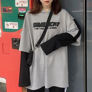 Mock Two-piece Long-sleeve Lettering Hooded T-shirt
