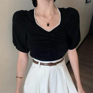 Short-sleeve Beaded Trim Top / Midi A-line Skirt / Belt / Set