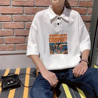 Elbow-sleeve Cartoon Printed Polo Shirt