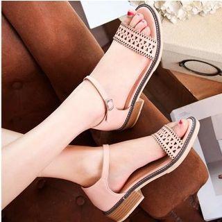 Peep-toe Perforated Strap Low-heel Sandals
