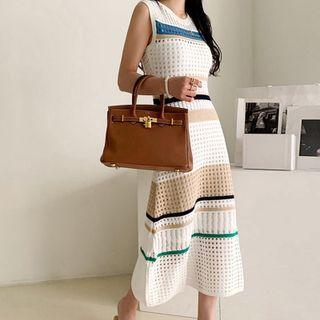 Set: Sleeveless Striped Loose Knit Midi Shift Dress + Slipdress