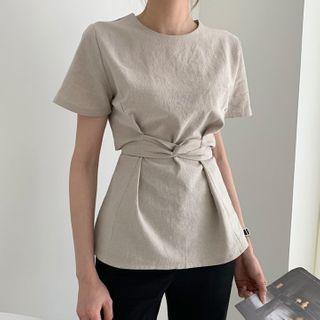 Short-sleeve Crinkled Blouse Khaki - One Size