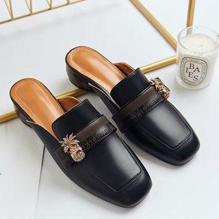 Genuine Leather Rhinestone Pin Mules