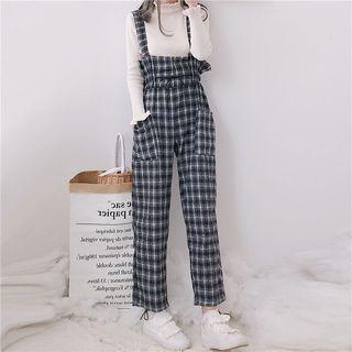 Drawstring Gingham Jumper Pants As Shown In Figure - One Size