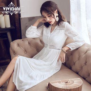 Long-sleeve Perforated Trim A-line Midi Dress