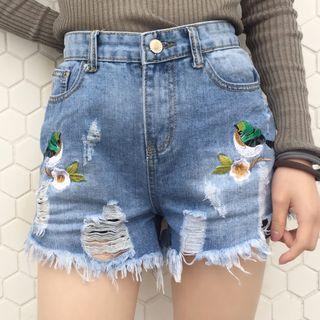 Bird Embroidered Ripped Denim Shorts