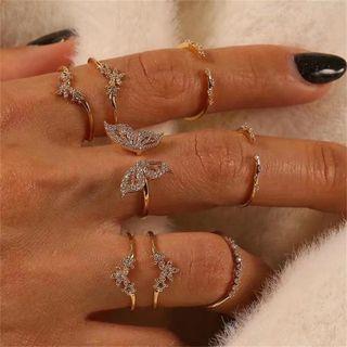Set Of 8: Rhinestone Ring + Open Ring Set Of 8 - Gold - One Size
